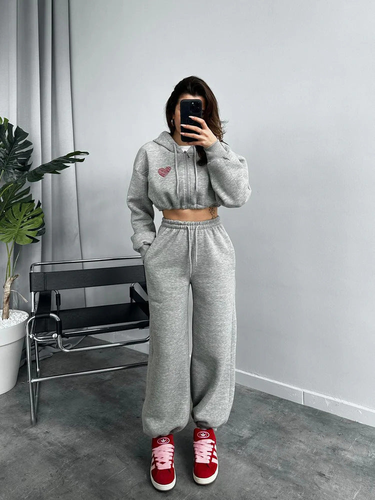 Damen Sportliches Crop-Set mit Kapuze und elastischer Taille Sovae
