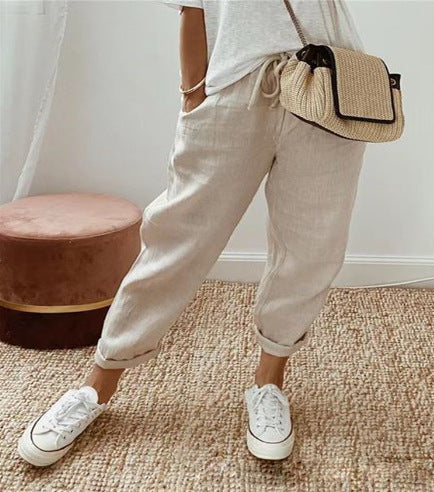 Damen bequeme Leinenhose mit elastischem Bund Sovae
