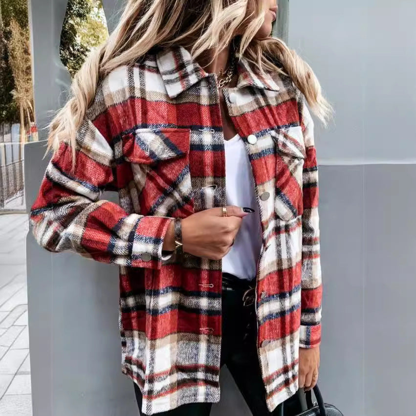Damen Karo-Hemdenjacke im Oversized-Stil mit Druckknopfverschluss Sovae