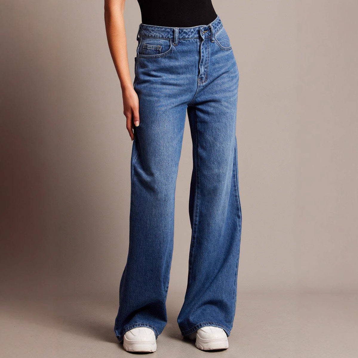 Damen Weite Denim-Hosen mit hohem Bund Sovae