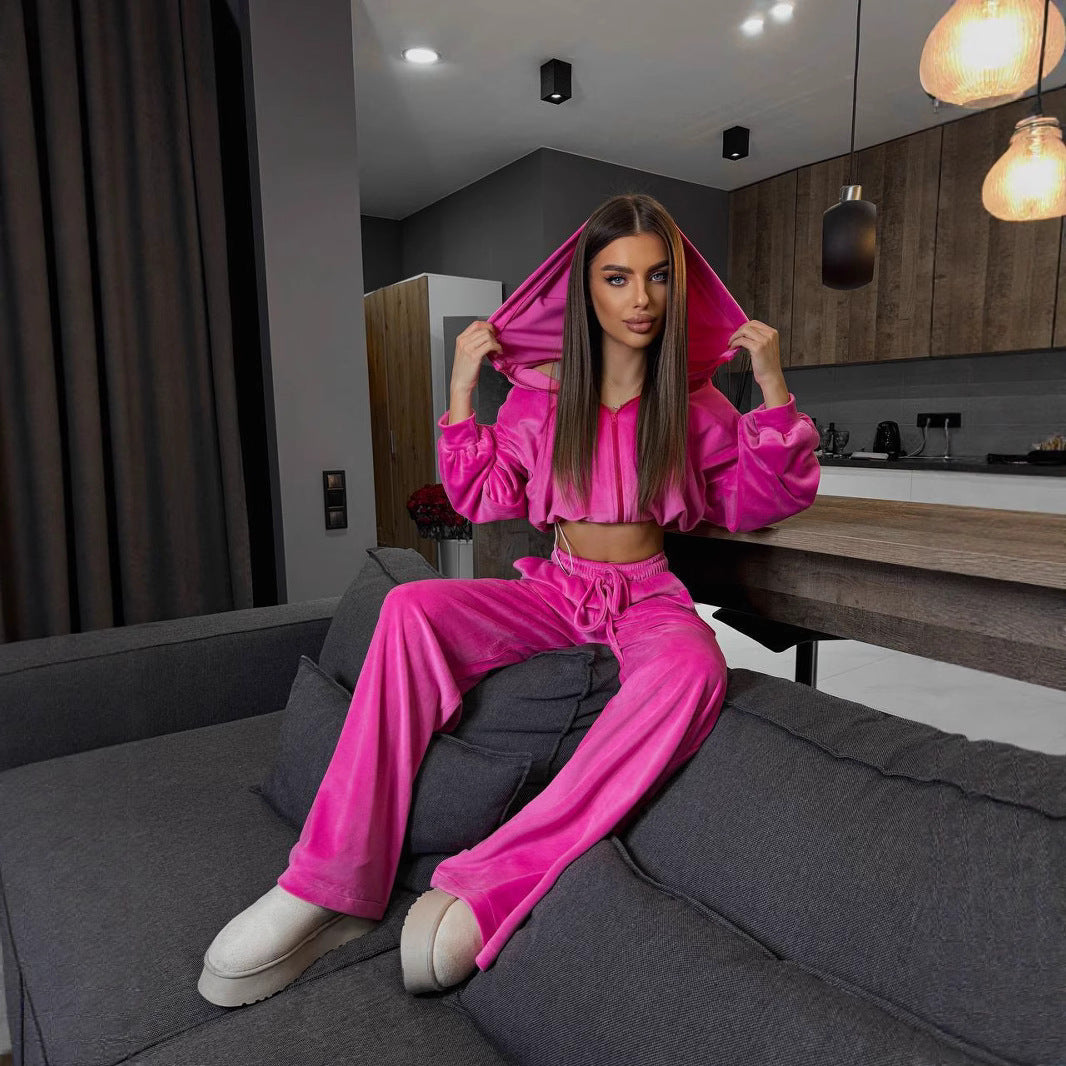 Damen Fleece-Cropped-Loungewear-Set mit weiten Hosen Sovae