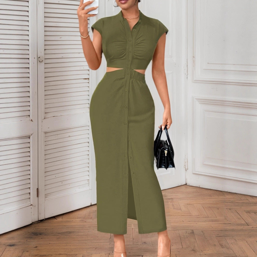 Damen Knielanges Kleid mit Knopfleiste und Taillenschnitt Sovae