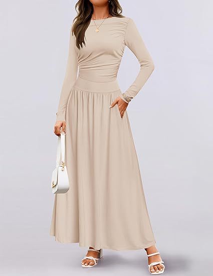 Damen Maxikleid mit langem Arm und eleganter Raffung Sovae