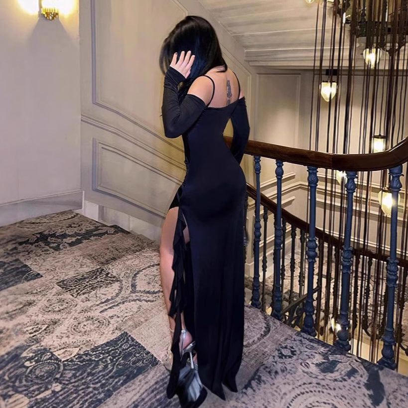 Damen Elegantes langärmliges Maxikleid mit asymmetrischem Saum und Rüschendetails Sovae