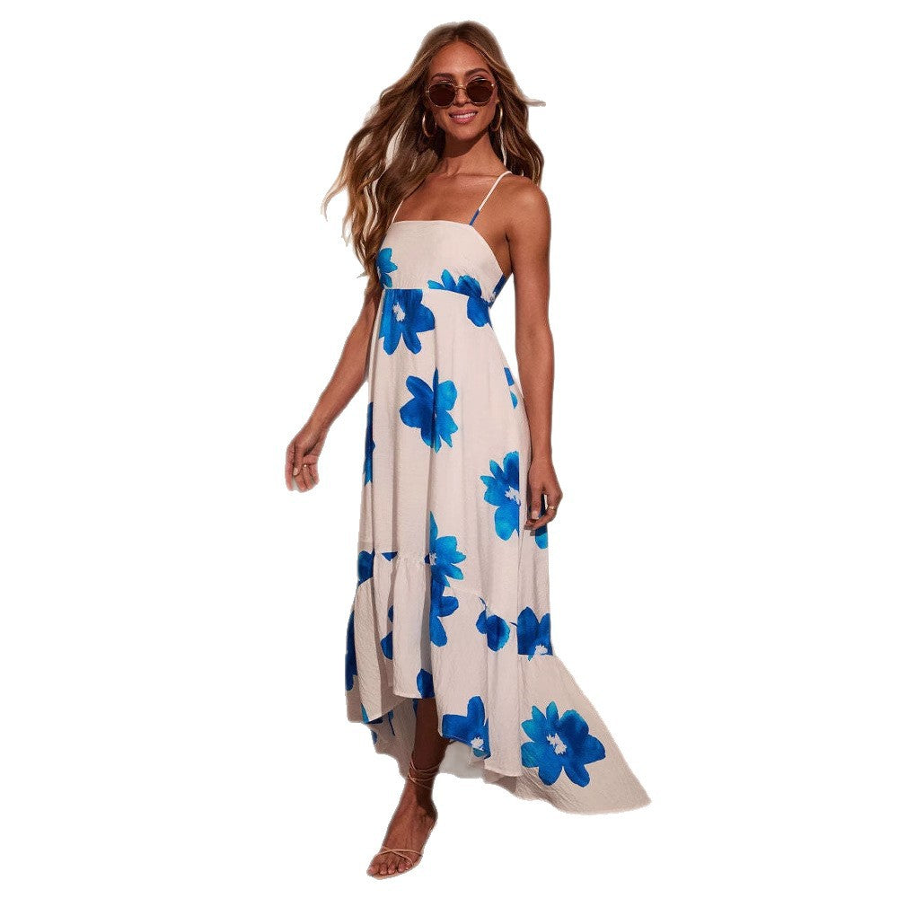 Damen fließendes Maxikleid mit buntem Blumenmuster und verstellbaren Spaghettiträgern Sovae