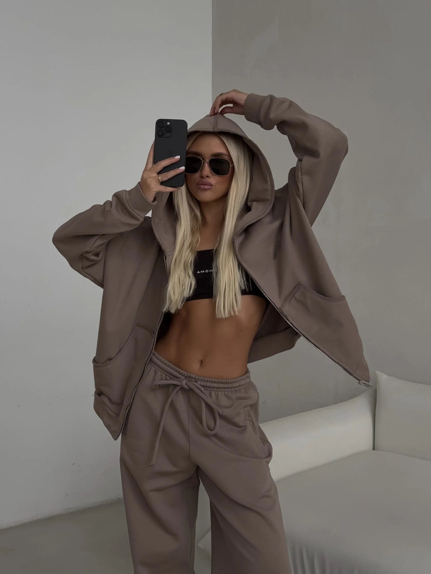 Damen Oversized Kapuzenpullover und lässige Freizeithose Set Sovae