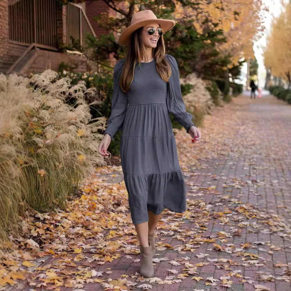 Damen Midi-Kleid mit Ballonärmeln und Rüschendetail Sovae