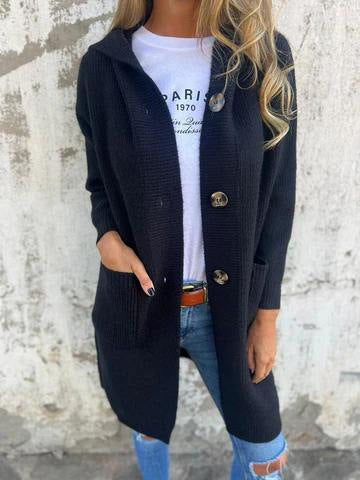 Damen lange Strickjacke mit Kapuze und Taschen Sovae