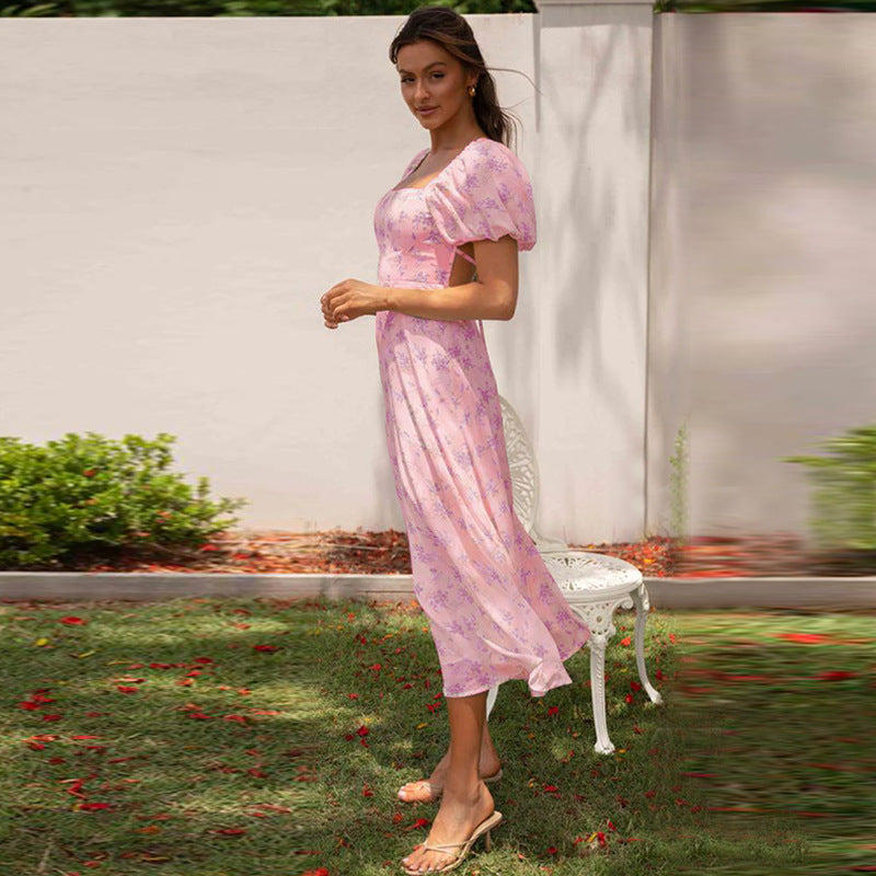 Damen Elegantes Midikleid mit Puffärmeln und verspieltem Blumenmuster Sovae