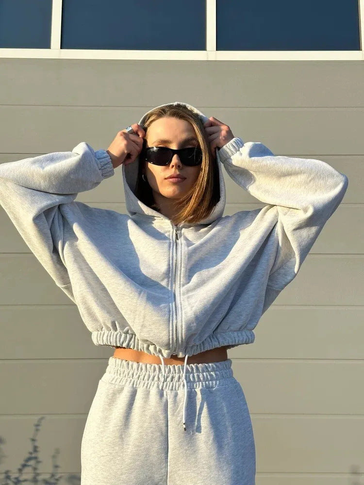 Damen lässiger Kapuzenpullover mit kurzem Schnitt und elastischem Bund Sovae