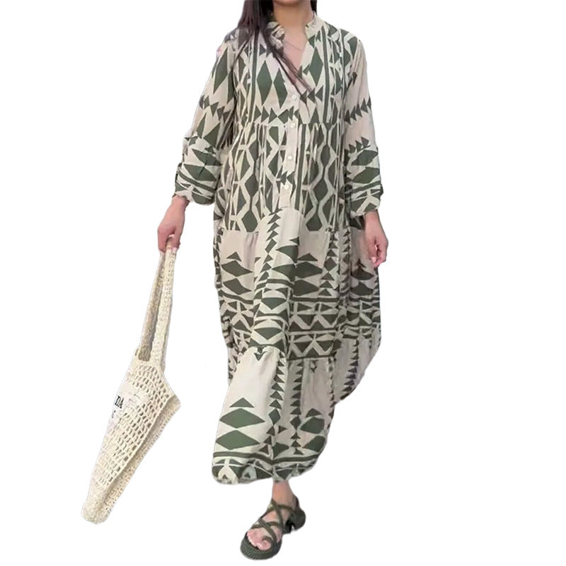 Damen Maxikleid im modernen Bohemian-Stil mit eleganten Rüschen und V-Ausschnitt Sovae