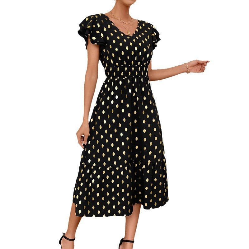 Damen Midikleid mit Rüschendetails und goldenen Punkten Sovae