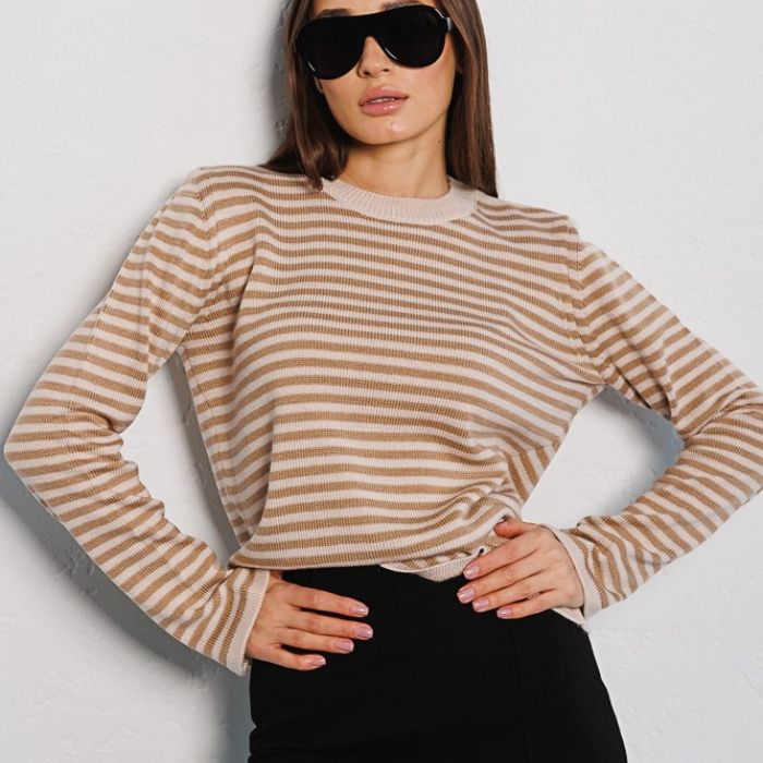 Damen gestreifter, lässiger Pullover aus hochwertigem Baumwollmix Sovae