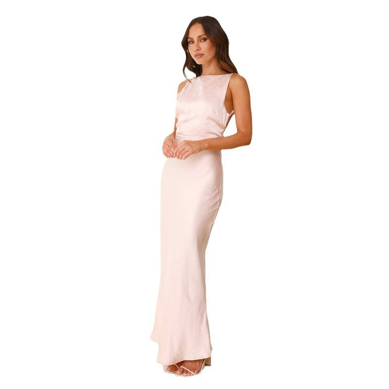 Damen elegantes Satin-Maxikleid mit schulterfreiem Design Sovae