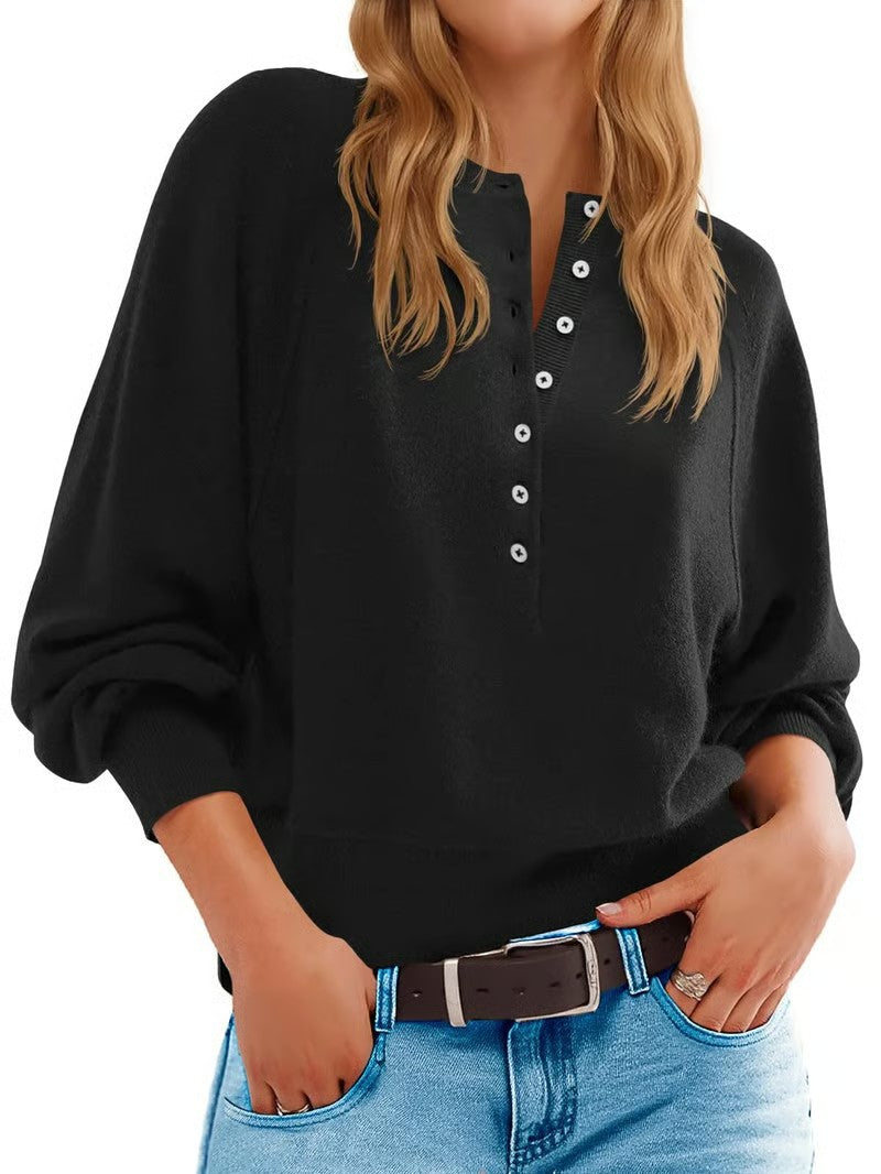 Damen lässiger Pullover mit Knopfleiste und weit geschnittenen Ärmeln Sovae