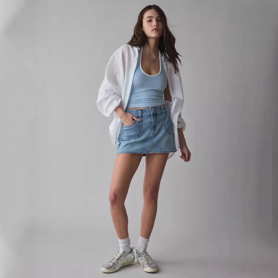 Damen Jeansrock mit hohem Bund und praktischen Fronttaschen Sovae