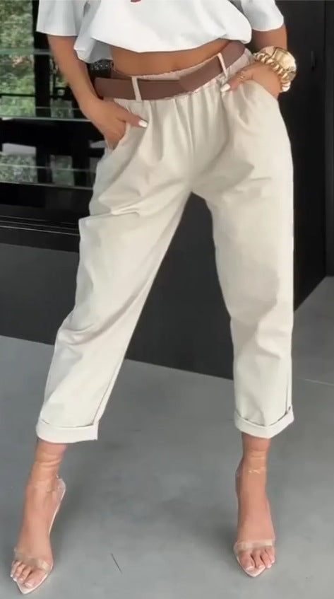 Damen elegante Baumwollhose mit hoher Taille und lässigen Falten Sovae