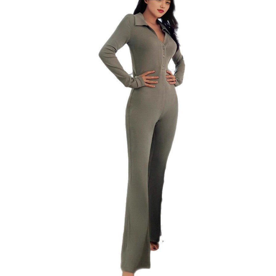 Damen Figurbetonter Overall mit Knopfleiste und weitem Bein Sovae