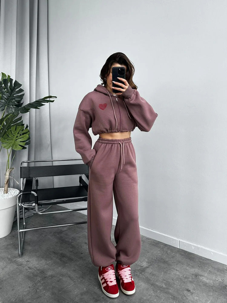 Damen Sportliches Crop-Set mit Kapuze und elastischer Taille Sovae
