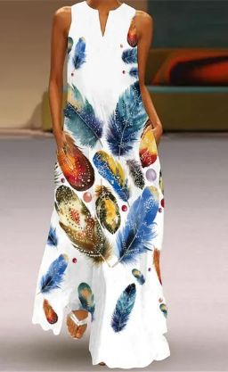 Damen Maxikleid mit modernen Federmuster und Seitentaschen Sovae