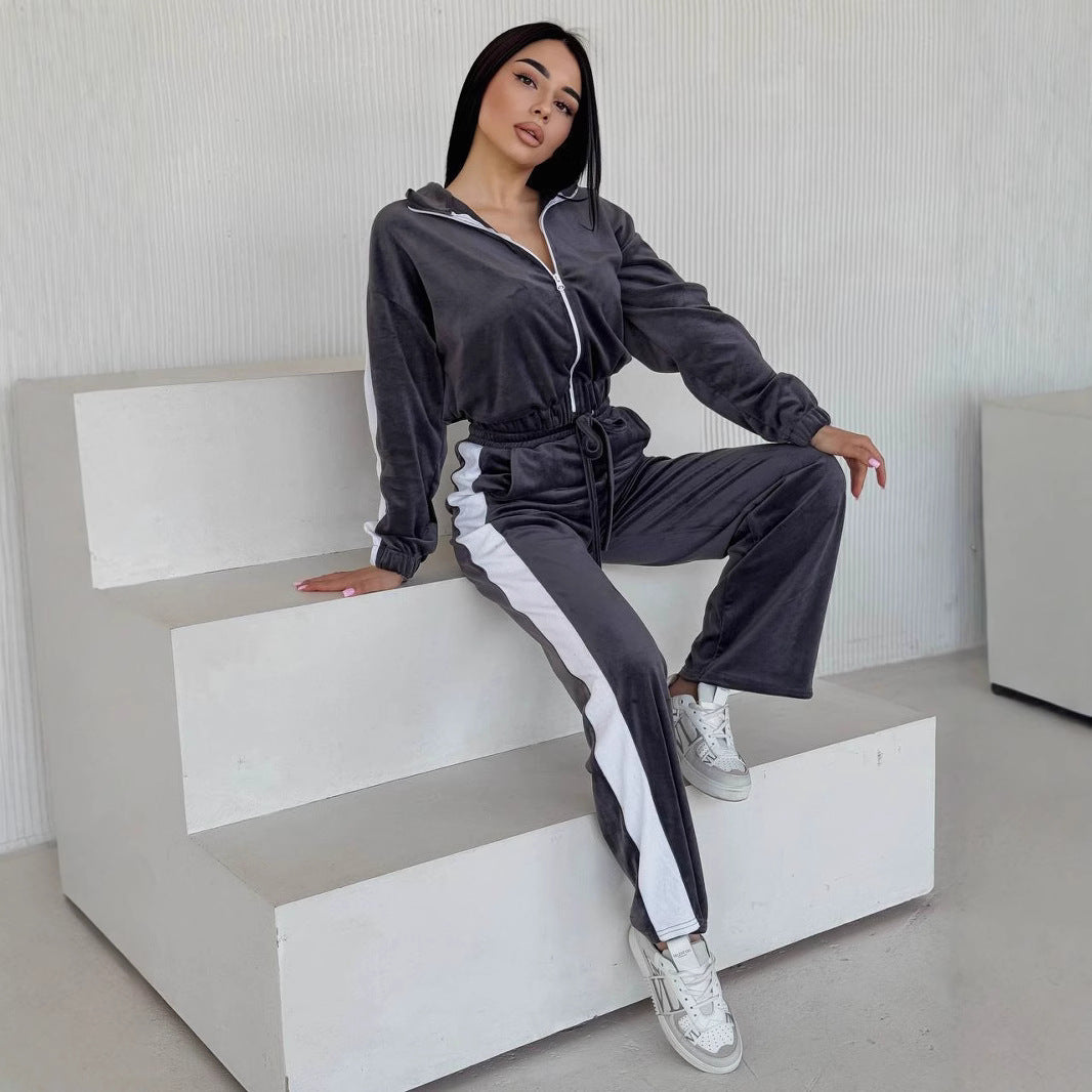 Damen Velours Freizeitanzug mit Reißverschluss Sovae