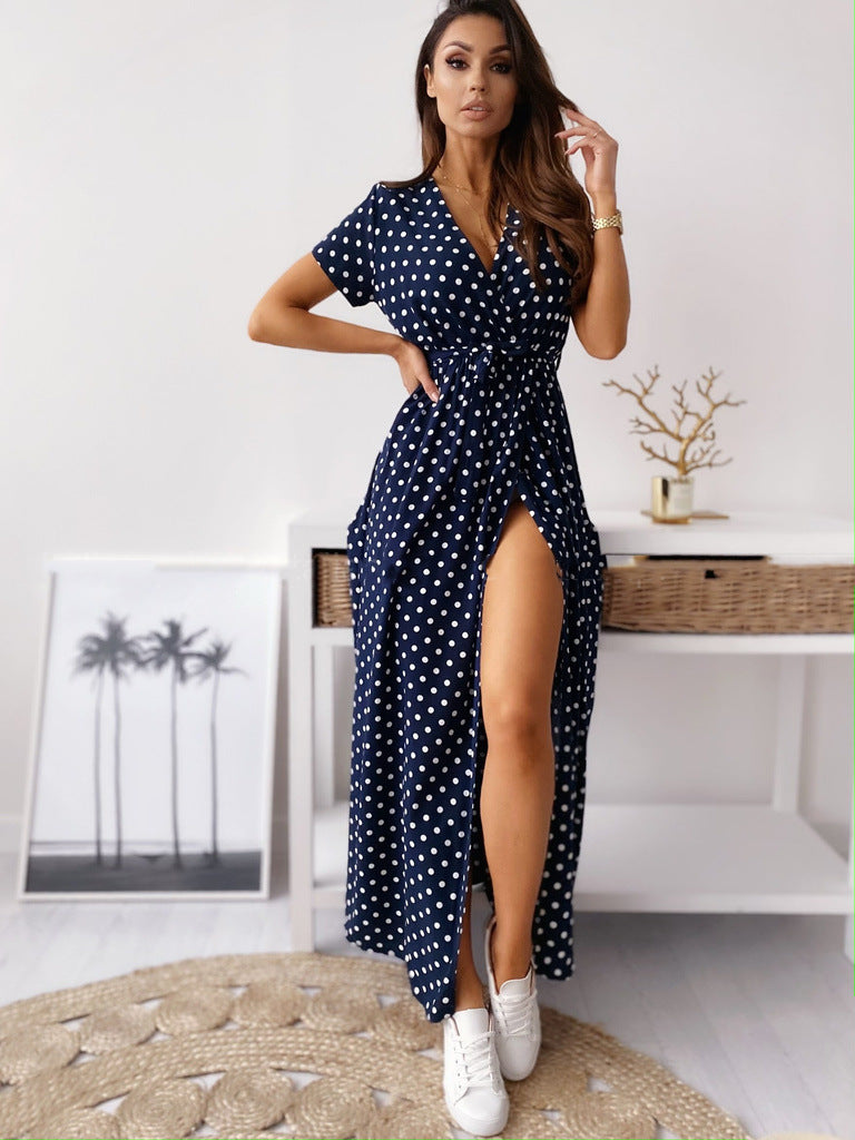 Damen Maxikleid mit Polka-Dots und tiefem V-Ausschnitt Sovae