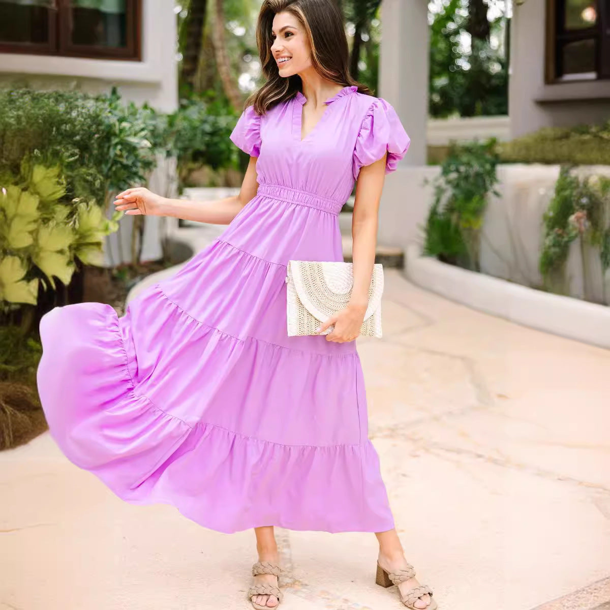 Damen Sommerliches Maxikleid mit Rüschen und V-Ausschnitt Sovae