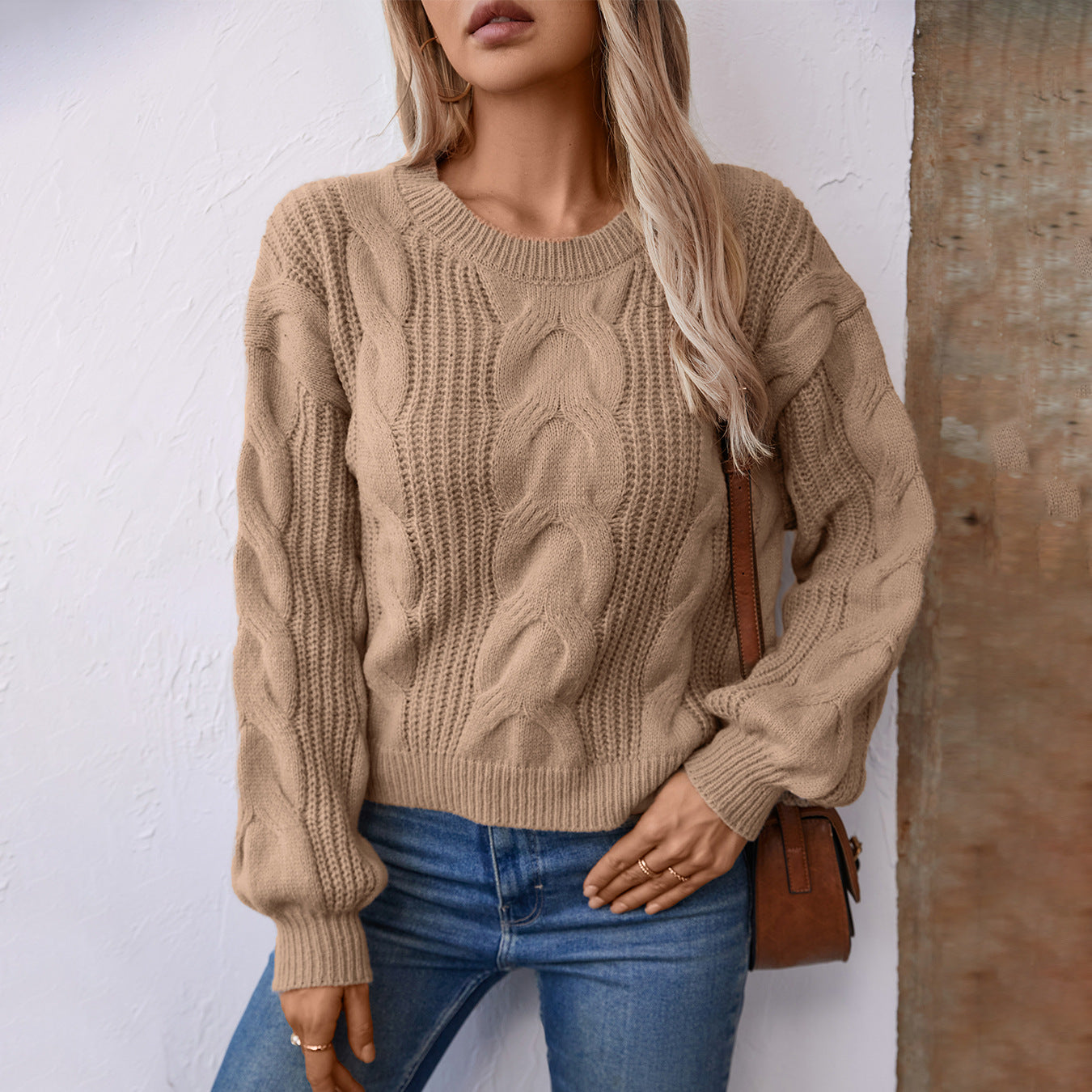 Damen grob gestrickter Pullover mit voluminösen Ärmeln und Zopfmuster Sovae