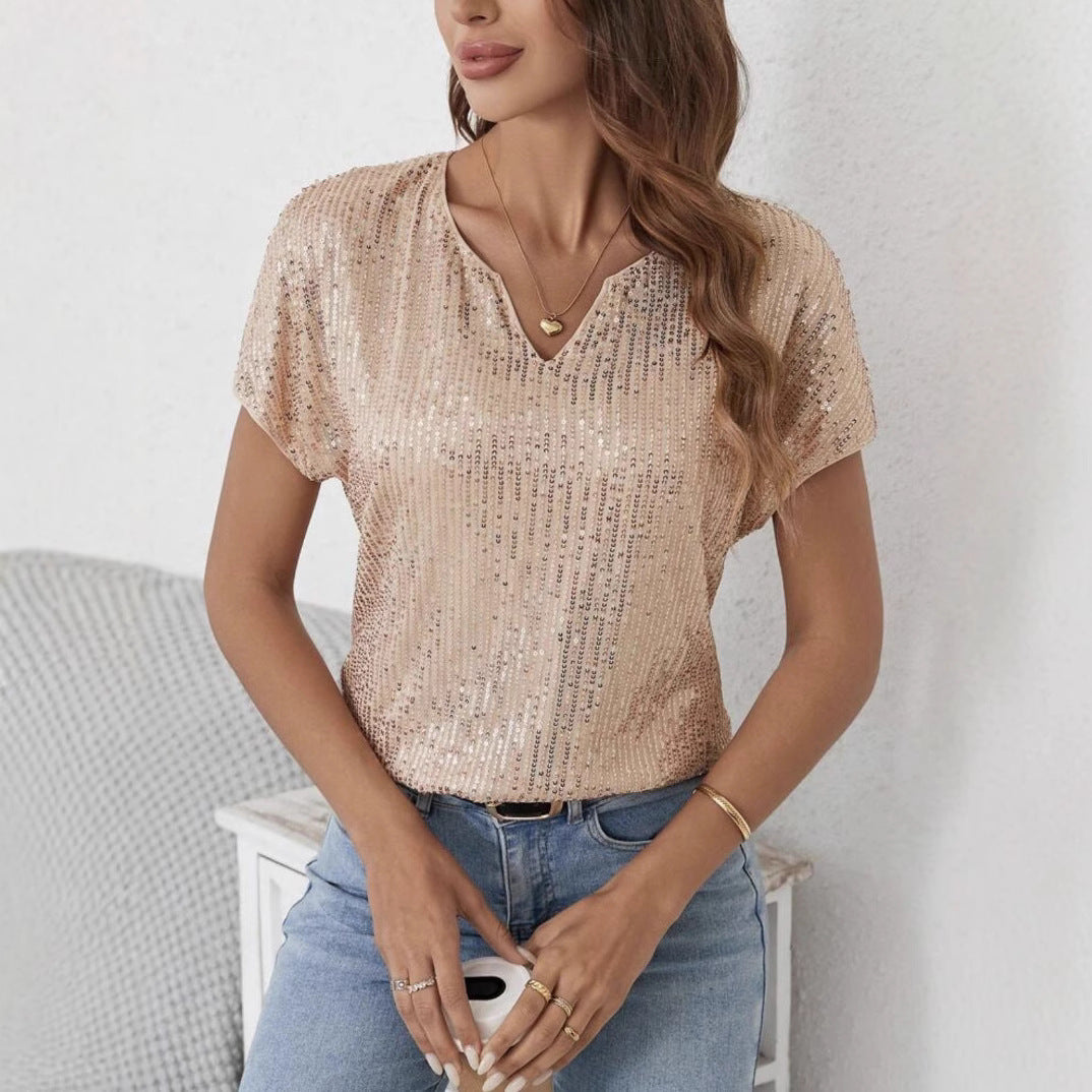 Damen Glitzerndes V-Ausschnitt Oberteil Sovae