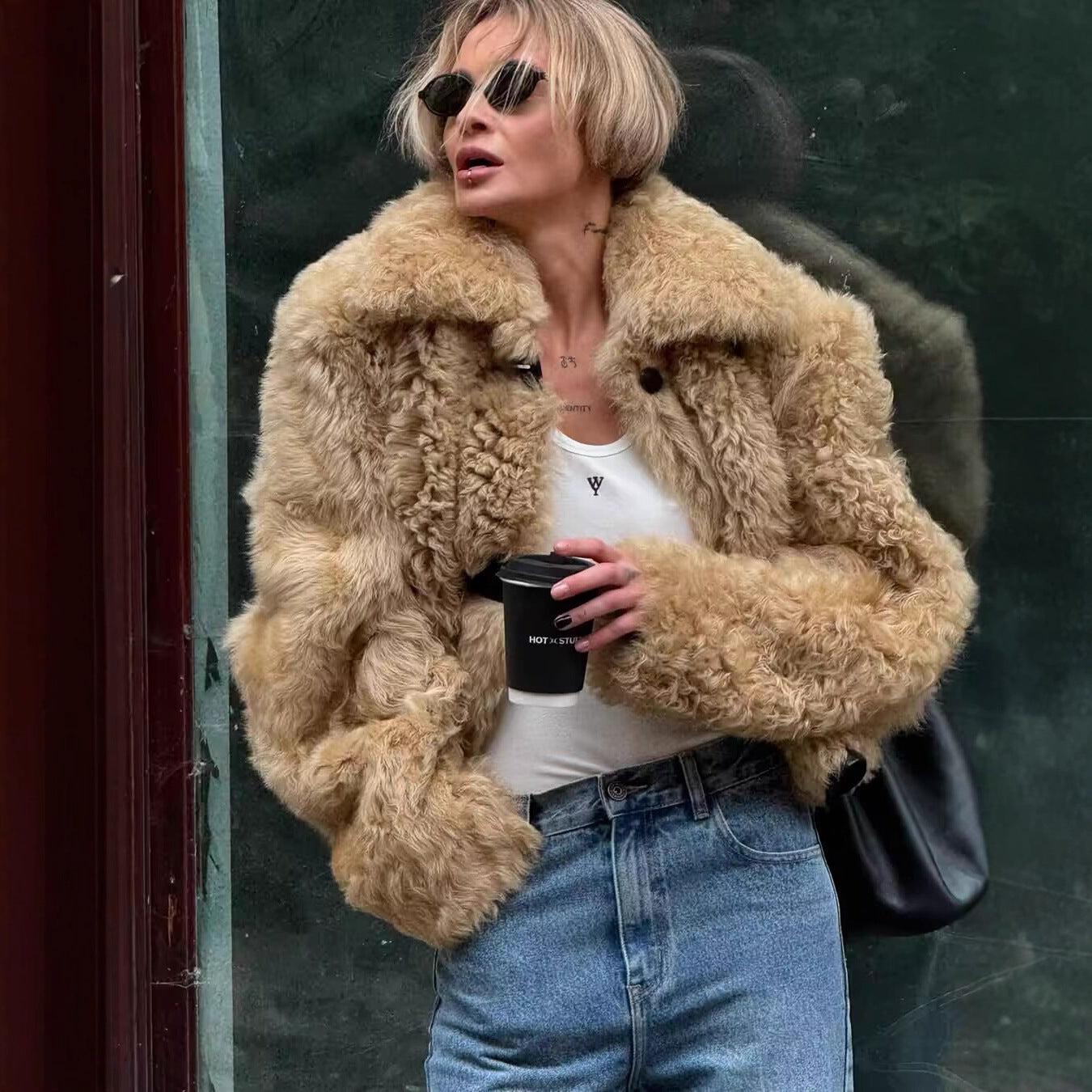 Damen kuschelige Teddyjacke mit Knopfverschluss und praktischen Taschen Sovae