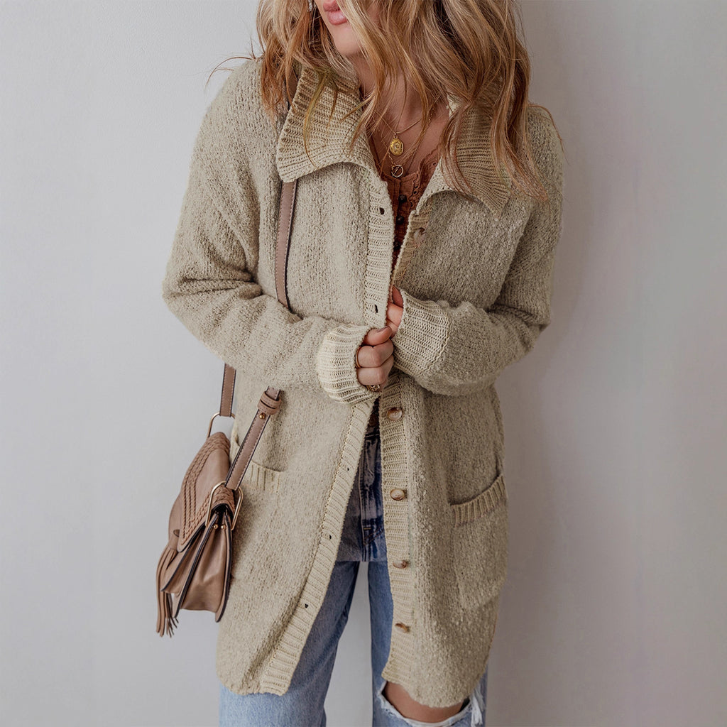 Damen Grobstrickjacke mit praktischen Taschen und kontrastierendem Kragen Sovae