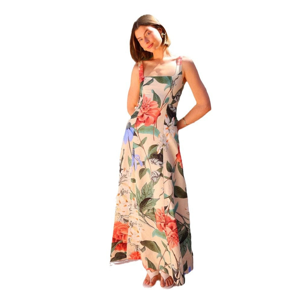 Damen Maxikleid mit breiten Trägern und floralen Motiven Sovae