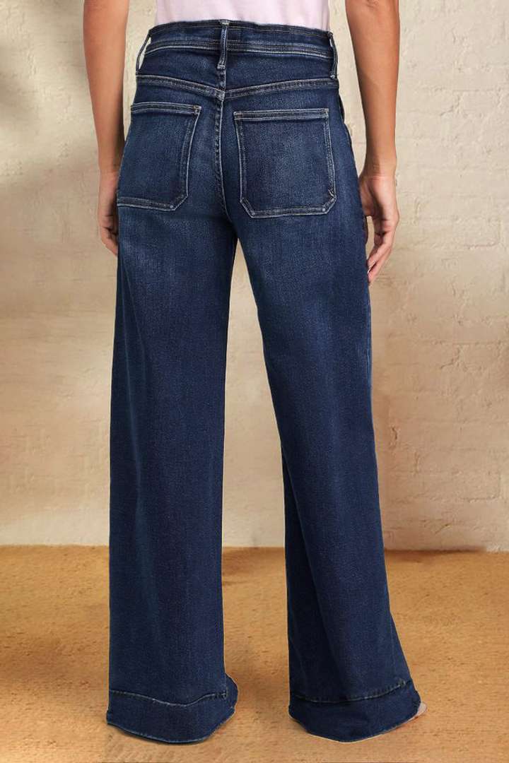 Damen weite Denim-Hose mit hohem Bund Sovae