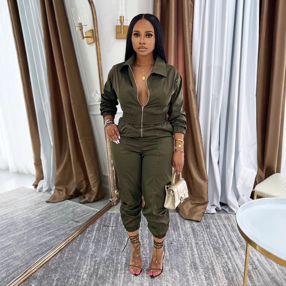 Damen Sportlicher Jumpsuit mit Reißverschluss und elastischem Bund Sovae