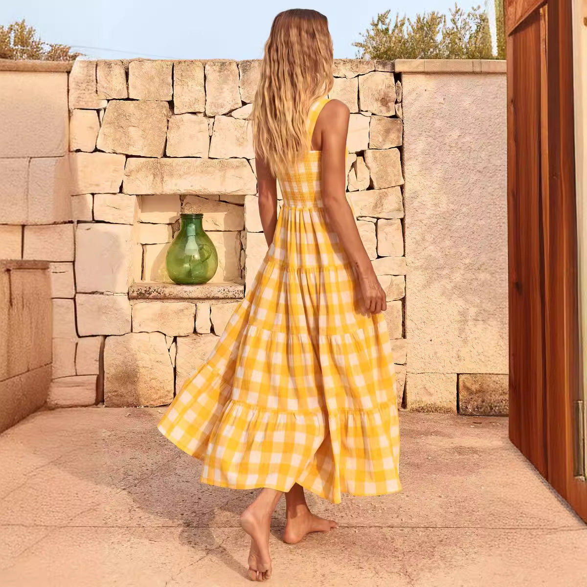 Damen lässiges Maxikleid mit Karomuster und verstellbaren Spaghettiträgern Sovae