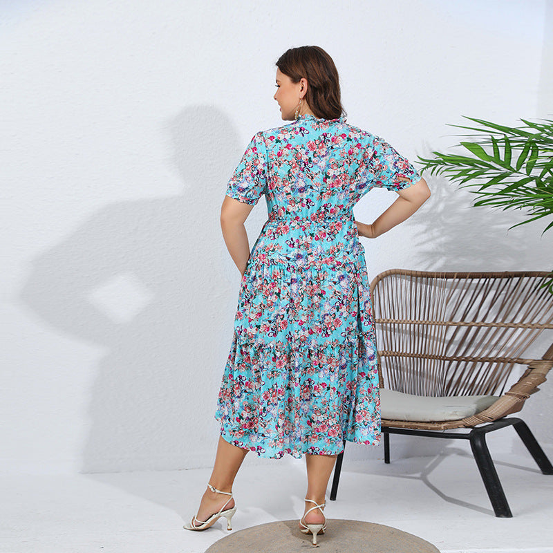 Damen Midikleid mit verspieltem Blütenmuster und voluminösem Rock Sovae