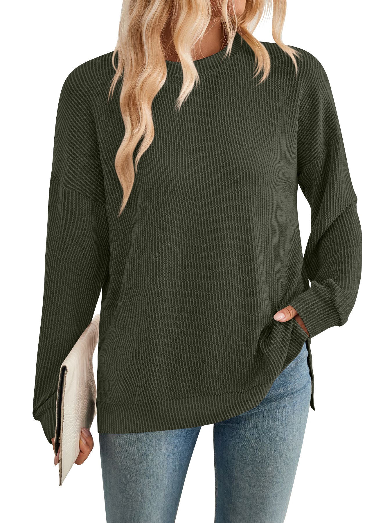 Damen lässiger Rippstrickpullover mit überschnittenen Schultern und Seitenschlitzen Sovae