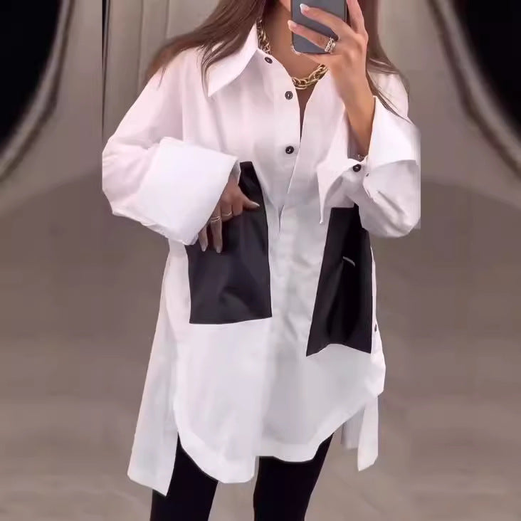 Damen Übergroße Bluse mit Kontraststoff und Taschen Sovae