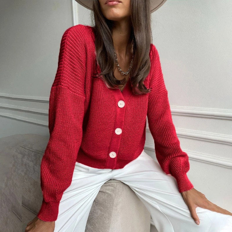 Damen kuschelige Strickjacke mit umschlagbaren Ärmeln und modischen Knopfdetails Sovae
