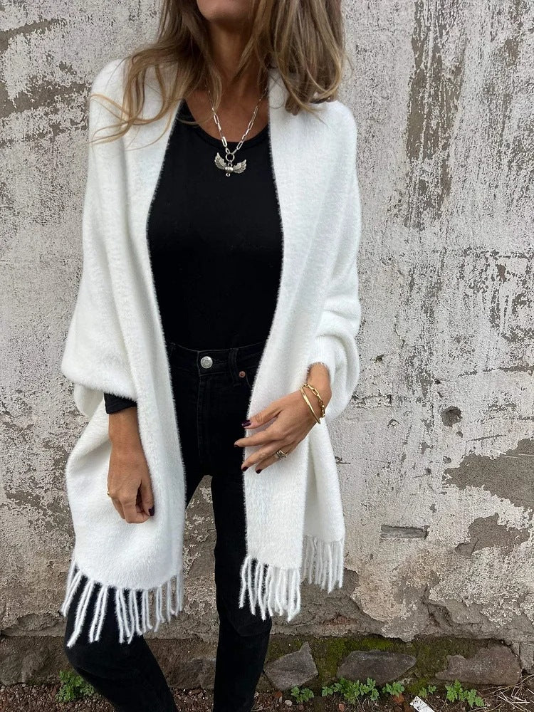 Damen Kuschelige Strickjacke mit Fransen Sovae