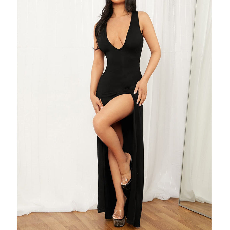 Damen Maxikleid mit tiefem V-Ausschnitt und hohen Schlitzen Sovae