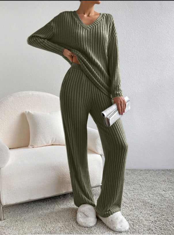 Damen lässiges Strick-Lounge-Set mit V-Ausschnitt Sovae