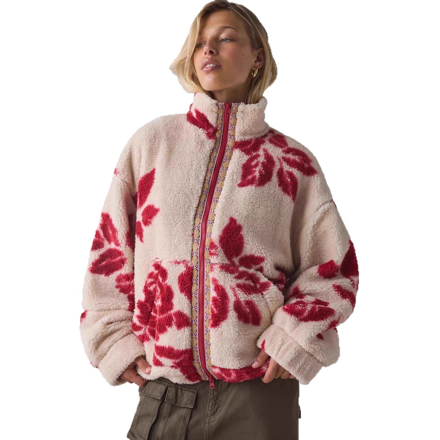 Damen Teddy-Fleece-Jacke mit floralem Muster und höherem Kragen Sovae