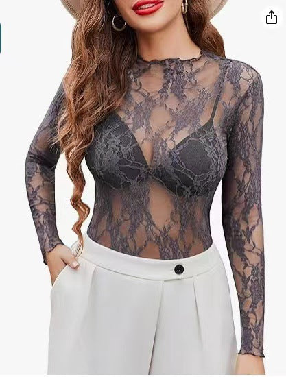 Damen Elegante Spitze Langarmoberteil Sovae