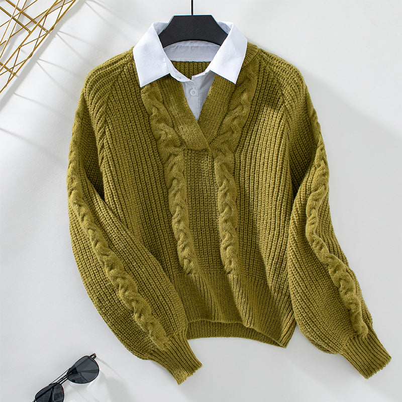 Damen Strickpullover mit Zopfdesign und modernem Kragen Sovae