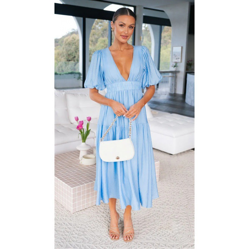 Damen Midi-Kleid mit Puffärmeln und tiefem V-Ausschnitt Sovae