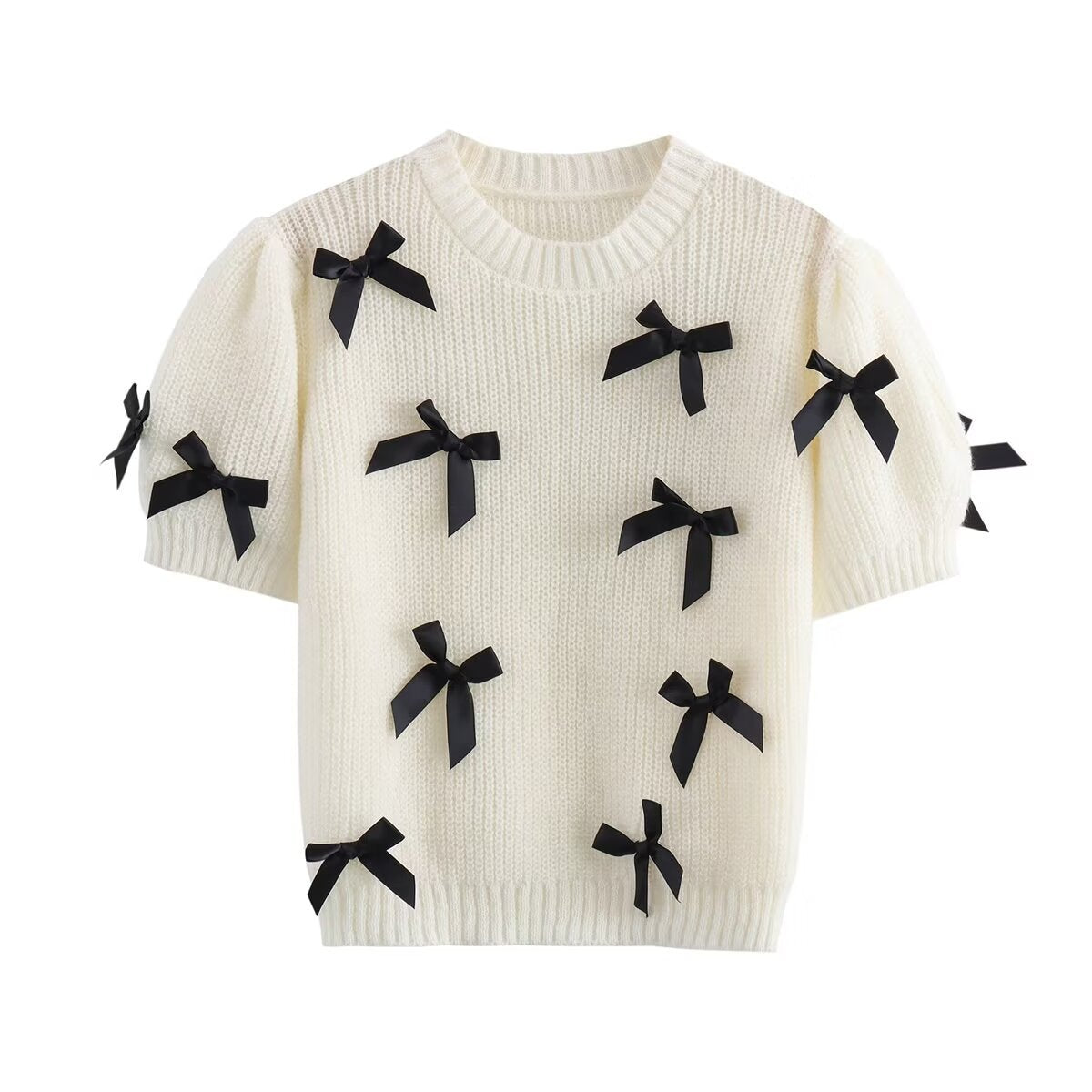 Damen modischer Strickpullover mit Puffärmeln und dekorativen Schleifen Sovae
