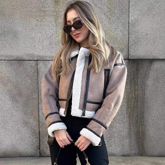 Damen bequeme und stylische Kurzjacke mit Kunstfellkragen und Reißverschlusstaschen Sovae