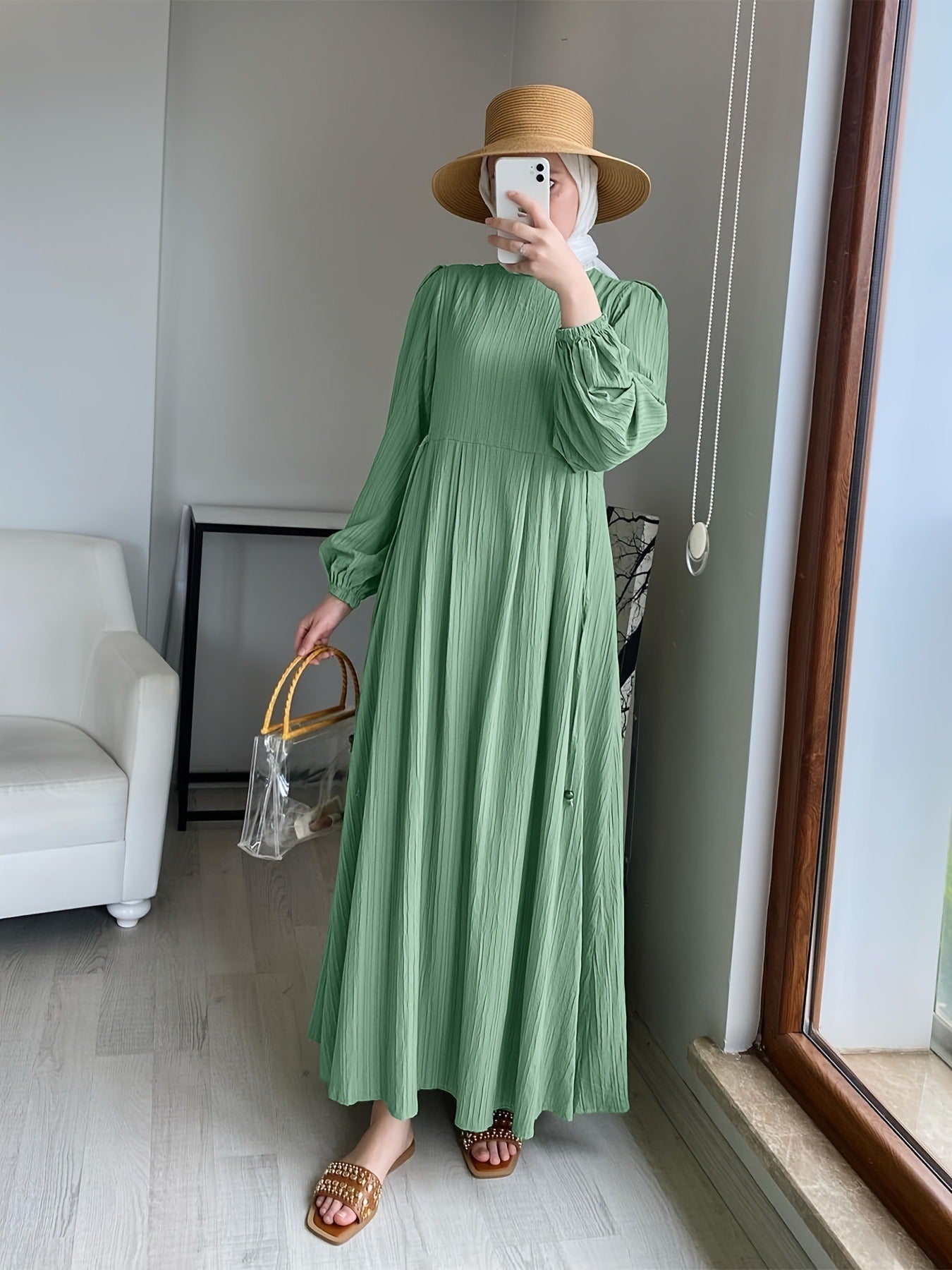 Damen Maxikleid mit strukturiertem Design und Puffärmeln Sovae