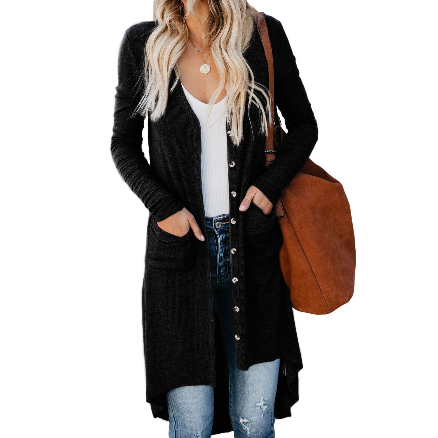 Damen Langer Strickcardigan mit Knopfverschluss und praktischen Taschen Sovae